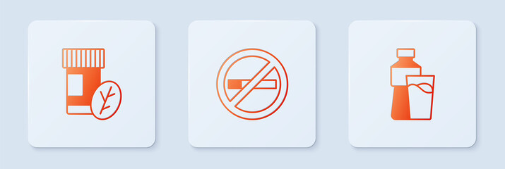 Poster - Set No Smoking, Vitamin pill and Bottle of water with glass. White square button. Vector