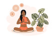 Woman with dark hair sitting in her room, practicing yoga and meditation.Girl in namaste pose exercise. Meditation health benefits for body and mind. Vector illustration