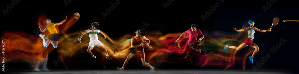 Sportsmen playing basketball, tennis, soccer footbal, volleyball on black background in mixed light. - obrazy, fototapety, plakaty 