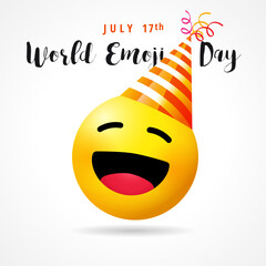 World Emoji Day, funny smile icon in party hat. July 17th, World emoji day text with cute emoticon face on white empty background. Vector illustration