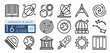 science astronomy and space exploration. Rocket for flights to moon, spiral galaxy, observatory and radio telescope. Set of simple linear icons