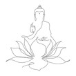 One line art silhouette of buddha and lotuse flower isolated on white background for logo, greeting cards, business card. One continuous line drawn Buddha statue Buddhist character.