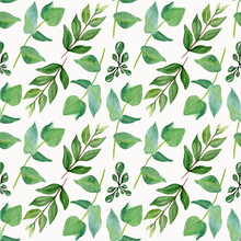 Green Leaves Doodle Hand Drawn Seamless Patern. Herbal, Floral, Greenery, Leaf Foliage Background.