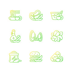 Wall Mural - Soy plants gradient linear vector icons set. Growing organic vegetables. Vegeterian foods fill of nutritions. Thin line contour symbols bundle. Isolated vector outline illustrations collection