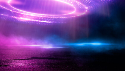 Wall Mural - Abstract neon futuristic background. Distortion of light rays. Dark futuristic scene, smoke, smog, rays and lines. Illusion fantastic, neon background, tunnel. Dark street scene with neon lights. 