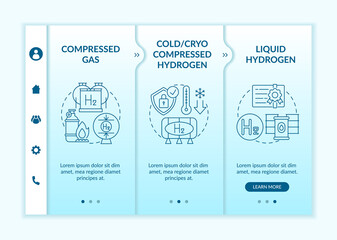 Wall Mural - H2 storage approaches onboarding vector template. Responsive mobile website with icons. Web page walkthrough 3 step screens. Liquid hydrogen, compressed gas color concept with linear illustrations