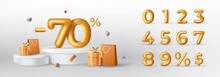 3D Gold Discount Numbers On Podium With Shopping Bag And Gift Box Vector. Price Off Tag Design Collection. 0, 1, 2, 3, 4, 5, 6, 7, 8, 9, Percent And Dollar Illustration.