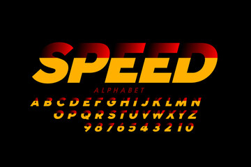 Wall Mural - Speed style sport font, alphabet letters and numbers vector illustration