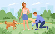 People cleaning up after dog pet vector illustration. Cartoon man character holding plastic bag in hand to clean poop after doggy, pet owner walking with animal in summer city green park background