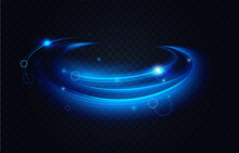 Neon Blue Luminous Abstract Light Effect Vector Illustration. Dynamic Circle Moving Sparkles And Motion Lines Decoration Elements, Bright Energy Trails On Transparent Black Background