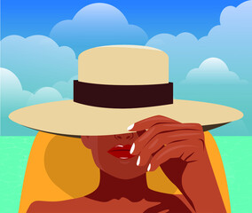 Wall Mural - Digital illustration of a portrait of a girl in a hat at the sea in summer on vacation