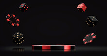 Black Red And Golden Pedestal, Chips And Dices Isolated On The Black Background. Casino Modern Concept - 3D Illustration 