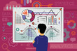 © Ya_tak_tse_bachu - Sales analytics illustration. Office manager and computational data analysis, income statistics, business. Web page, facebook cover, banner, template.