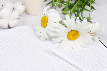 Flat lay workplace with fresh daisies bouquet with empty notebook