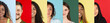 Collage of close-up cropped man's and women's faces isolated over multicolored background.