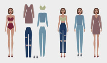 Paper Doll With Set Of Basic Fashion Clothes: Evening Dress, Tracksuit, Top And Jeans.