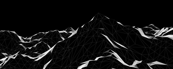 3d black and white low polygon topographic terrain.