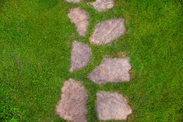 Landscaping of the garden path of natural rough stone along which to walk to backyard and go to the house on summer green lawn top view texture with space, nobody.