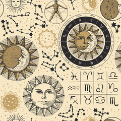 Wall Mural - Seamless pattern on the theme of zodiac and horoscopes in retro style. Hand-drawn vector background with sun, moon, stars, constellations and human figure like Vitruvian man on an old paper backdrop