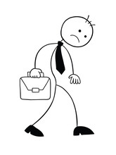 Stickman Businessman Character Unhappy And Walking With Briefcase, Vector Cartoon Illustration
