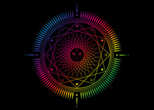 Sun Mystic Icon Sacred Geometry Sign, Radial Rays Symbol, Concept Of Sunlight, Logo Mandala Psychedelic Color, Masonic Symbology, Colorful Vector Isolated On Black Background