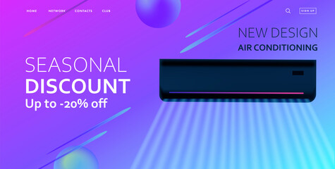 Air conditioner promo web banner with 3d illustration of the black cooling device with wind waves on purple abstract background