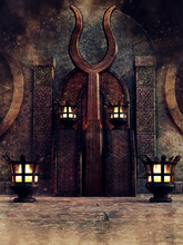 Dark Fantasy Shrine With An Iron Gate And Fire Lanterns At Night . 3D Render.