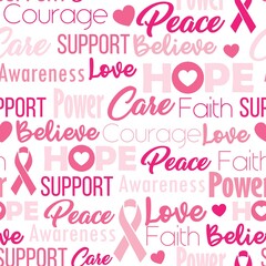 Pink seamless pattern with wordclouds and text about breast cancer. Repeat background with strong and supportive words for feminine healthcare. Repetitive texture for prevention and solidarity.
