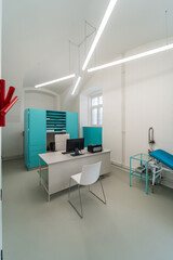 Eye clinic room. White hospital clinic office consulting room. Eye surgery, eye clinic.