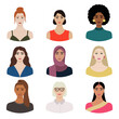 Set of diverse female faces with different ethnics, skin colors, hairstyles. Collection of portraits of women for avatars in social networks and interface. Hand drawn vector illustration.