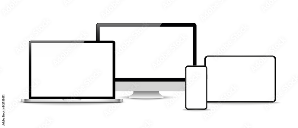 Set of realistic computer monitors, laptops, tablets and mobile phones . Vector illustration - obrazy, fototapety, plakaty 
