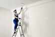 © New Africa - Handyman painting ceiling with white dye indoors, space for text
