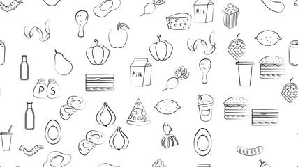 Wall Mural - Endless green seamless pattern of delicious food and snack items icons set for restaurant bar cafe: sandwich, cheese, lemonade, popcorn, garlic, eggplant, chicken, fruits, vegetables. The background