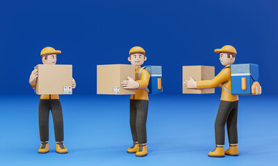 3D cartoon character Delivery Man Standing to lift a delivery box isolate blue background - 3D render