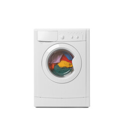 Canvas Print - Modern washing machine with clothes isolated on white