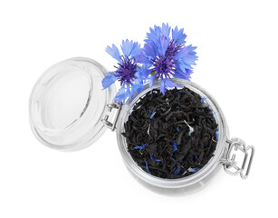 Dried cornflower tea and fresh flowers on white background, top view