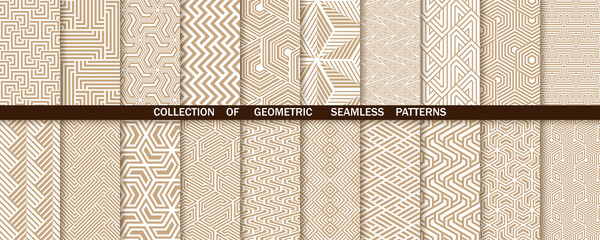 Geometric set of seamless gold and white patterns. Simple vector graphics