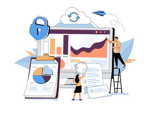 Wall Mural - people in team analyze dioramas and graphics, data visualization concept, vector illustration. cloud