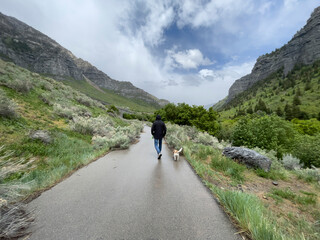 man walking small dog on leash on a rainy day with black jacket and hood on beautiful path in mounta
