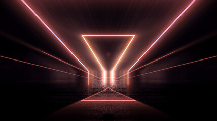 Wall Mural - Abstract futuristic neon background, light tunnel, neon shapes on a dark background. Night view, space background, cyber reality. science, city, geometric, pavement, pink, show.