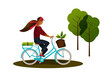Woman riding a bike in the park. Exercise, healthy lifestyle, wellness, relaxation, recreation. Concept illustration. Vector design.