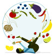 Woman juggling, balancing a healthy food diet. Health, wellness, healthy lifestyle, nutrition, diet, fruits and vegetables. Vector illustration in flat style. Concept illustration.