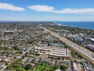 Wall Mural - Aerial view of Encinitas with highway and ocean on the background in San Diego, South California, USA. 