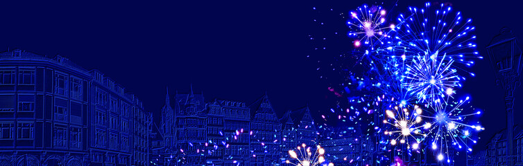 Wall Mural - fireworks with relief of frankfurt am main on blue background