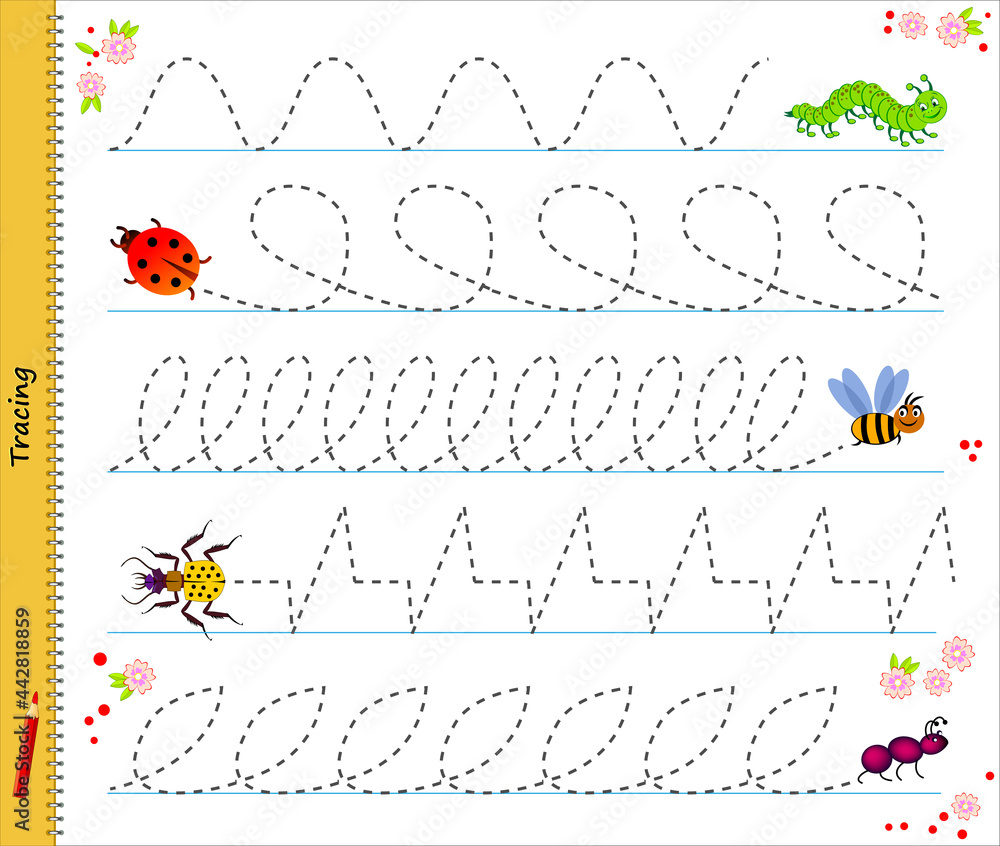 Educational page for little children. Draw the paths after the insects ...