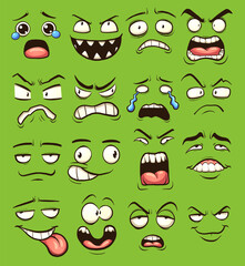 Wall Mural - Cartoon faces with different expressions over a green background. Vector clip art illustration with simple gradients. Each on a separate layer.
