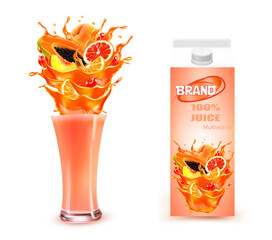 Wall Mural - Sweet exotic juice splash. Whole and sliced papaya, cherry, peach, grapefruit and orange in a sweet juce or cocktail with splashes.  Design template. Vector