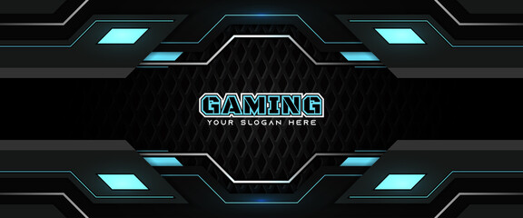 Wall Mural - Futuristic black and blue gaming banner design template with metal technology concept. Vector illustration for business corporate promotion, game header social media, live streaming background