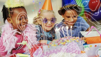 Poster - Animation of white lines over birthday cake and children having fun at party