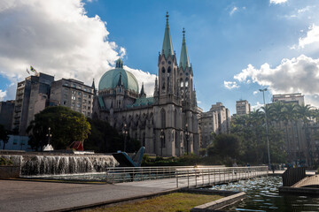 View of Se Metropolitan Cathedral in Sao Paulo, Brazil. Se Cathedral was constructed in 1913 in Neo Gothic Style.